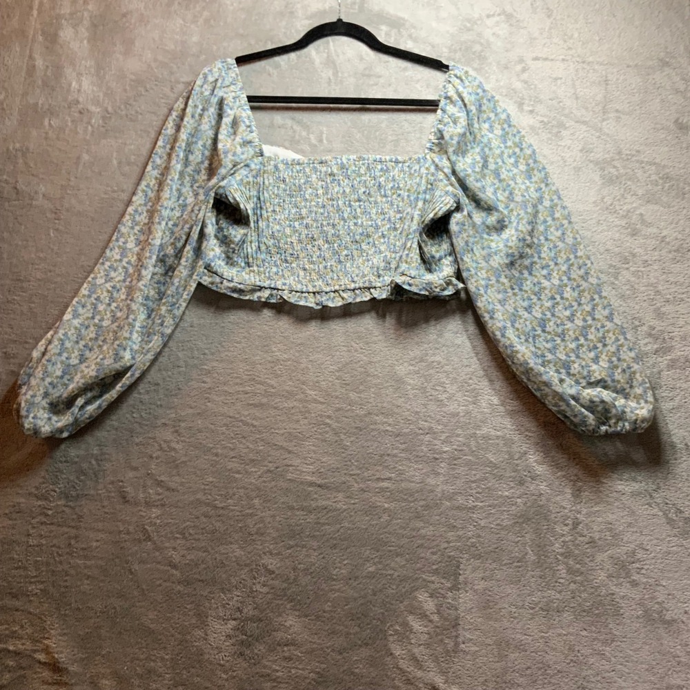 Storia Floral Crop Top Blue Green Pleated Bust Balloon Sleeve Smocked Back Large